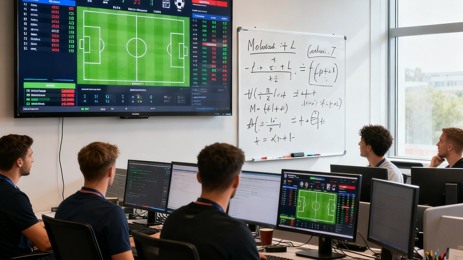 足球赛事网团队办公室实拍，数据大屏显示实时比赛数据，白板上画着战术分析与预测模型公式
